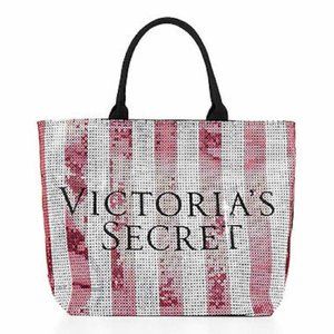 NWT VICTORIAS SECRET Tote Bag Large LIMITED EDITION Pink White Striped Sequin